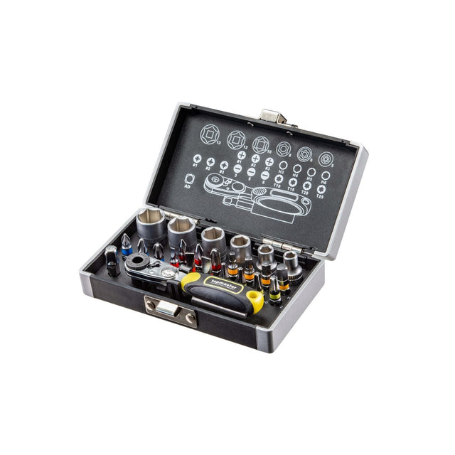 TOP MASTER PRO Set 26 buc biti si tubulare ¼ Setul include cele mai populare dimensiuni de biți din oțel S2, combinate cu un mini clichet cu 50 de dinți Extrem de co Top Master Pro - scule electrice si unelte profesionale - BricoMart