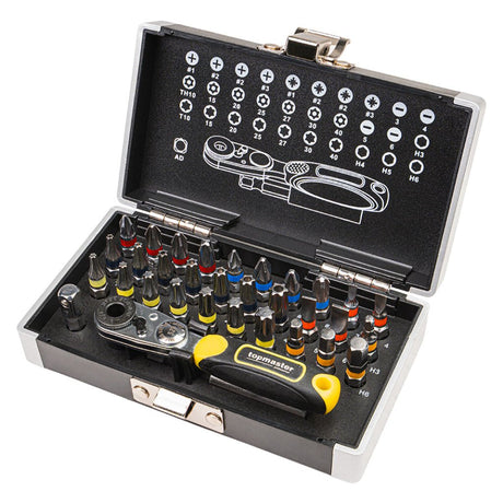 TOP MASTER PRO Set 32 buc biti ¼ Setul include cele mai populare dimensiuni de biți din oțel S2, combinate cu un mini clichet cu 50 de dinți. Extrem de c Top Master Pro - scule electrice si unelte profesionale - BricoMart
