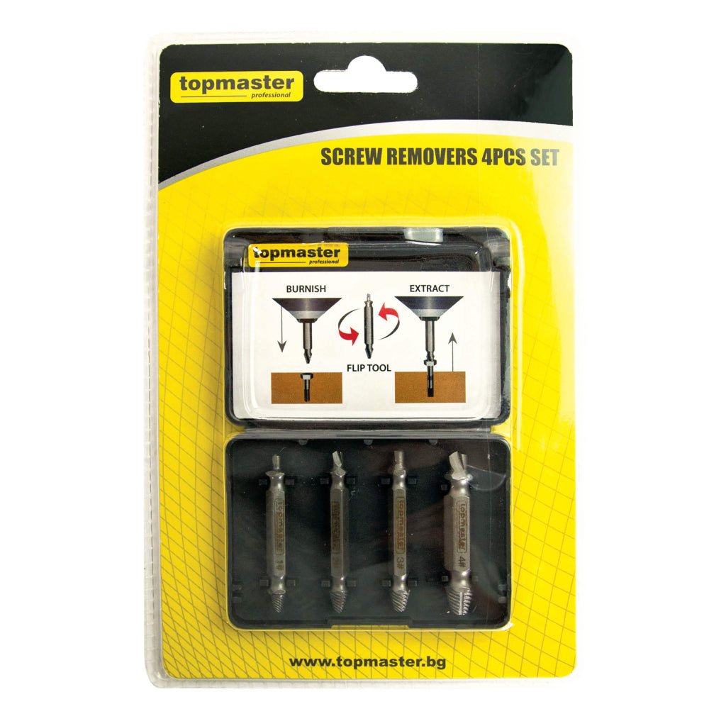 TOP MASTER PRO Set 4 extractoare suruburi TMP Material:otel crom molibden Cutie de depozitare Top Master Pro - scule electrice si unelte profesionale - BricoMart