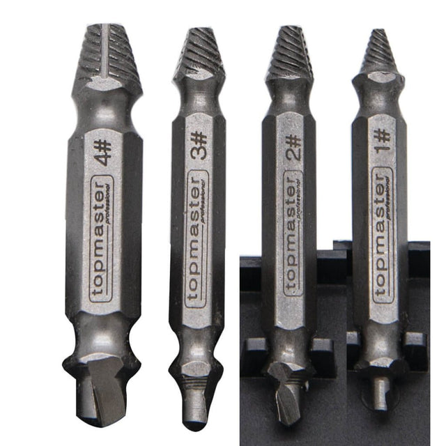 TOP MASTER PRO Set 4 extractoare suruburi TMP Material:otel crom molibden Cutie de depozitare Top Master Pro - scule electrice si unelte profesionale - BricoMart