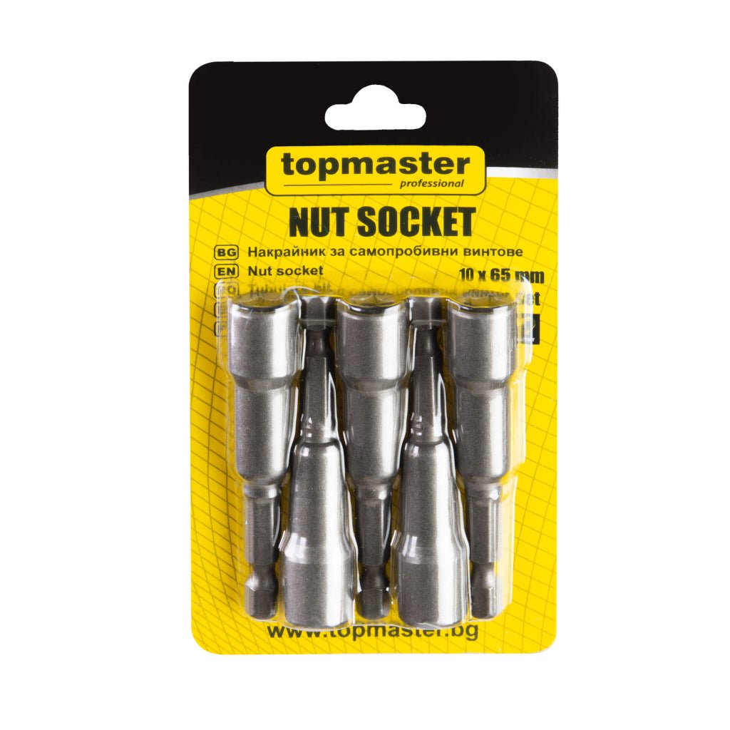 TOP MASTER PRO Set 5 biti cu tubulara 10x65 mm TMP Fabricat din oțel crom vanadiu Hexagon intern Vârf magnetizat Sunt potrivite pentru zone greu accesibile Top Master Pro - scule electrice si unelte profesionale - BricoMart