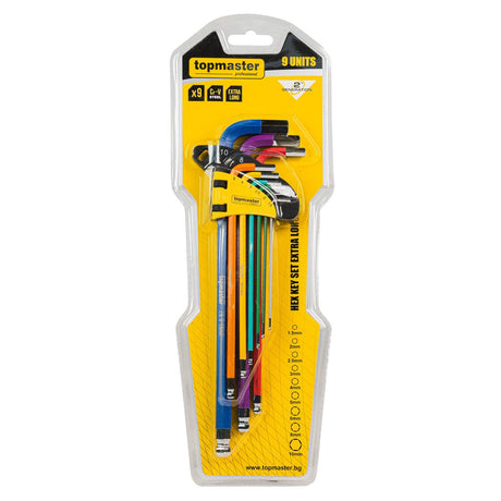 TOP MASTER PRO Set 9 chei imbus 1.5 - 10mm cu bila extra lungi COLOR TMP Material: otel crom - vanadiu de inalta calitate Unghi de lucru de pana la 25 °, pentru operare in locuri greu accesibile Top Master Pro - scule electrice si unelte profesionale - BricoMart