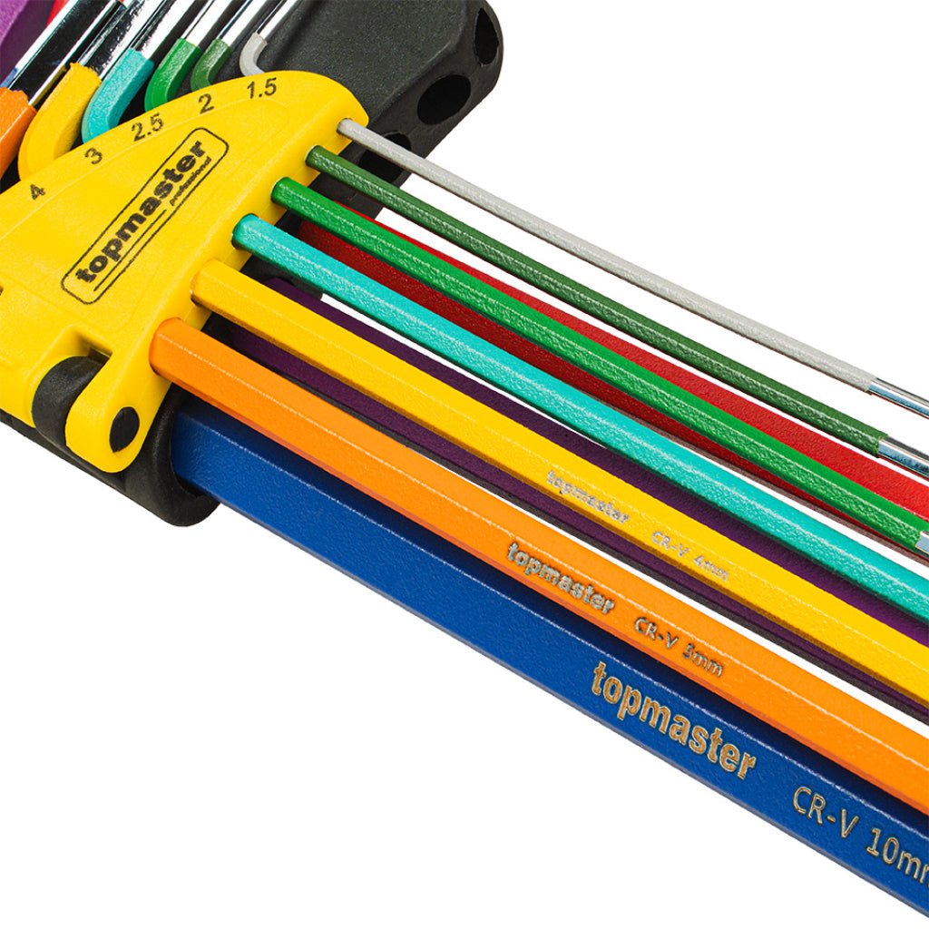 TOP MASTER PRO Set 9 chei imbus 1.5 - 10mm cu bila extra lungi COLOR TMP Material: otel crom - vanadiu de inalta calitate Unghi de lucru de pana la 25 °, pentru operare in locuri greu accesibile Top Master Pro - scule electrice si unelte profesionale - BricoMart