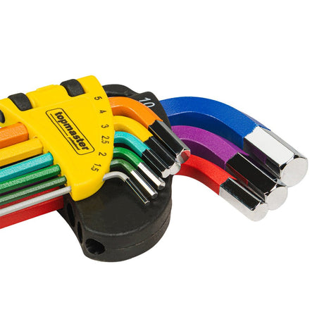 TOP MASTER PRO Set 9 chei imbus 1.5 - 10mm cu bila extra lungi COLOR TMP Material: otel crom - vanadiu de inalta calitate Unghi de lucru de pana la 25 °, pentru operare in locuri greu accesibile Top Master Pro - scule electrice si unelte profesionale - BricoMart