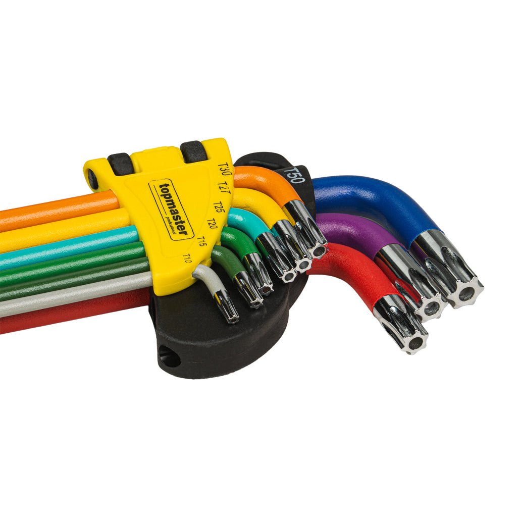 TOP MASTER PRO Set 9 chei TORX T10 - T50 extra lungi COLOR TMP Fabricat din Otel Cr - V Ofera precizie si o potrivire perfecta cu capul surubului Top Master Pro - scule electrice si unelte profesionale - BricoMart