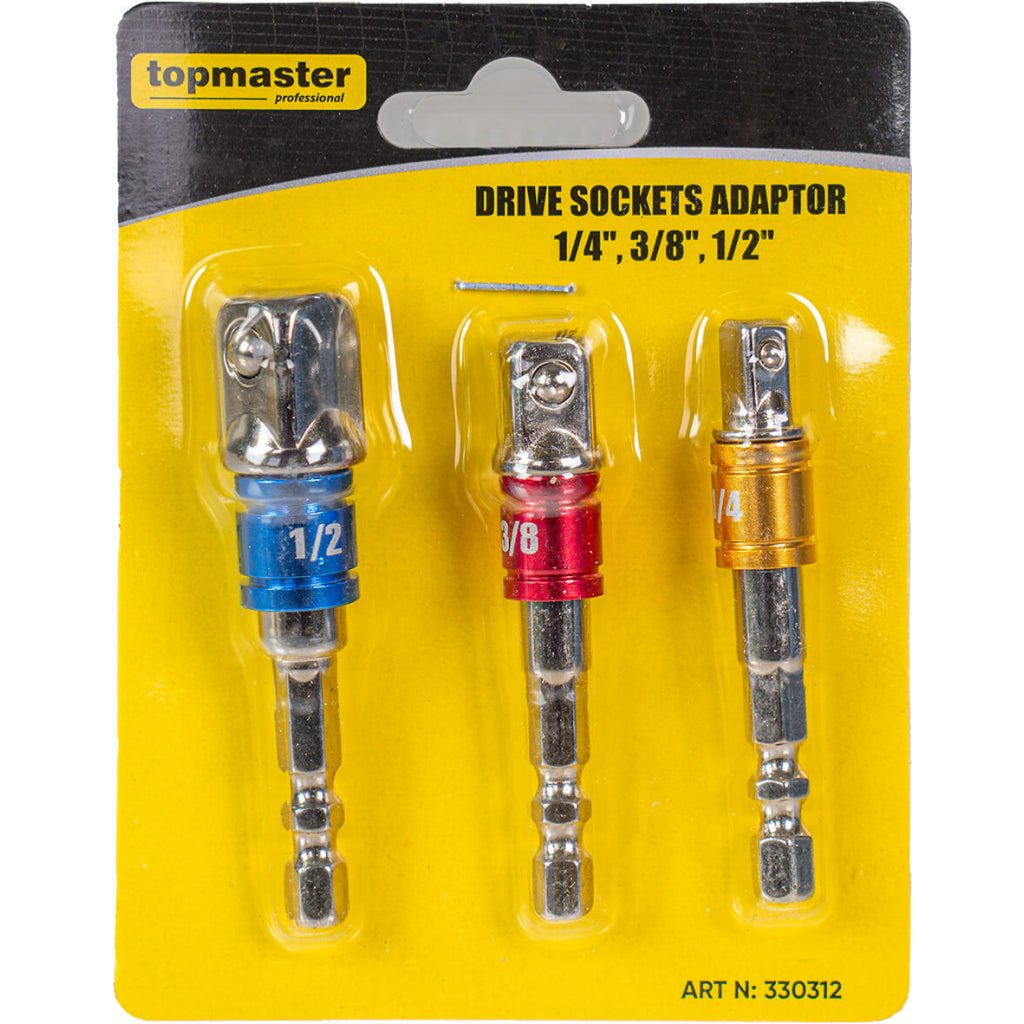 TOP MASTER PRO Set adaptoare pentru tubulare cu antrenare 1/4" - 3/8" - 1/2 Setul de adaptoare TMP permite utilizarea inserturilor de dimensiuni diferite cu diverse tipuri de scule. Fabricate din Top Master Pro - scule electrice si unelte profesionale - BricoMart