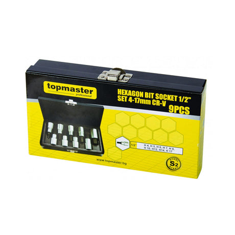 TOP MASTER PRO Set tubulare cu biti 1/2" 4 - 17mm 9pcs CR - V TMP Material: otel crom - vanadiu de inalta calitate Cutie metalica Top Master Pro - scule electrice si unelte profesionale - BricoMart