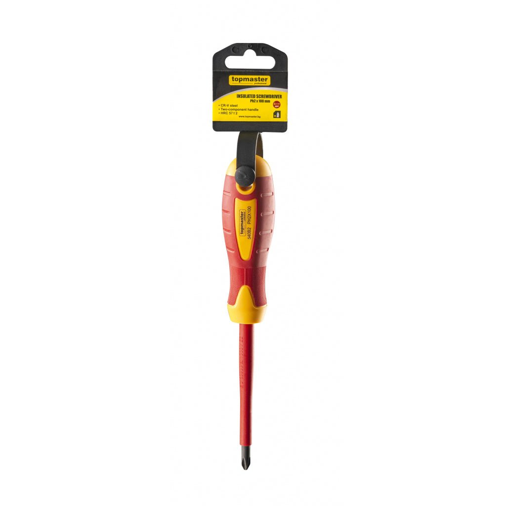 TOP MASTER PRO Surubelnita cruce izolata 1000V Ph2x100mm CR - V TMP Șurubelniță izolată cu piesă de lucru din aliaj CR - V de înaltă calitate Mâner moale din două componente Izolează tensiun Top Master Pro - scule electrice si unelte profesionale - BricoMart
