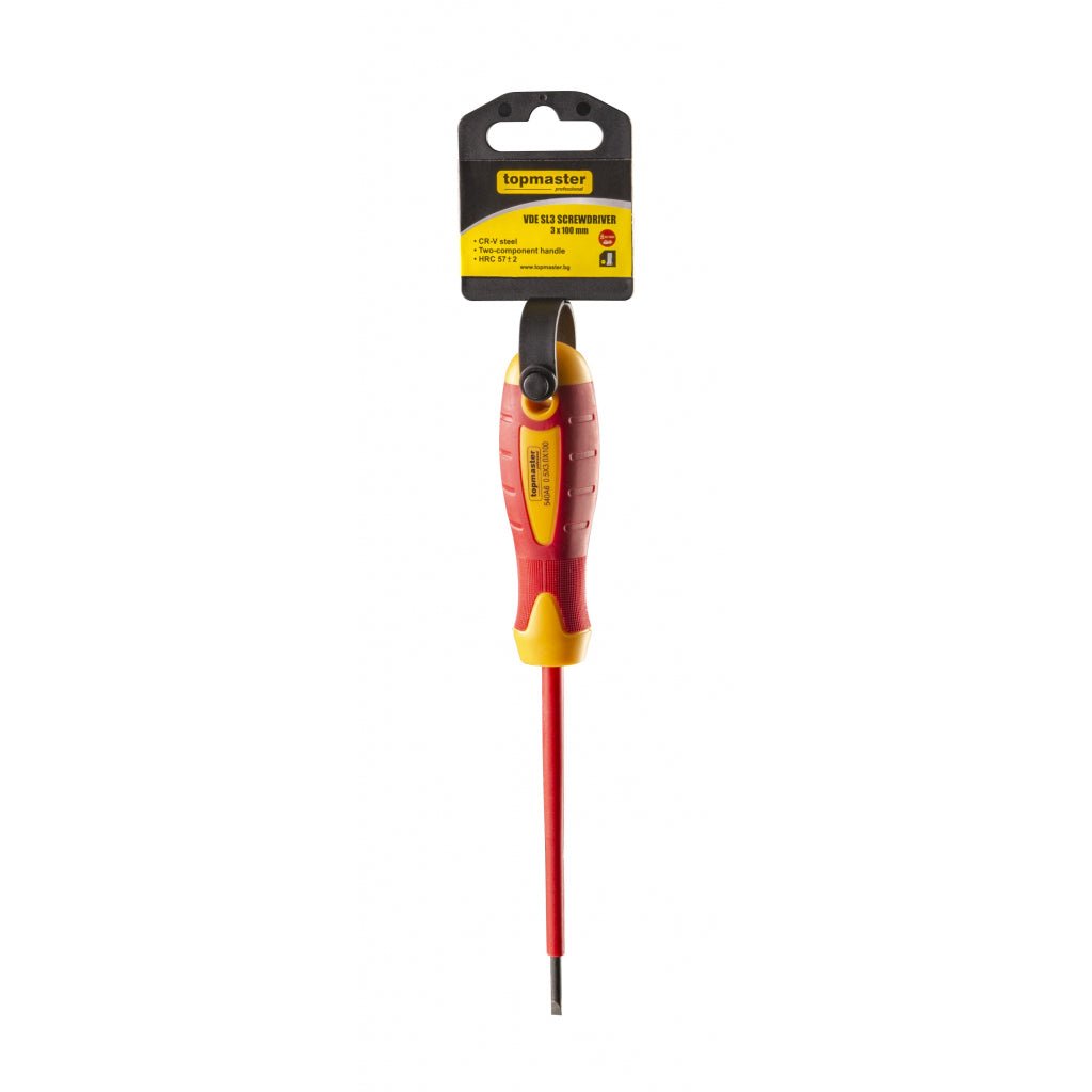 TOP MASTER PRO Surubelnita dreapta izolata 1000V 3.0x100mm CR-V TMP Șurubelniță izolată cu piesă de lucru din aliaj CR-V de înaltă calitate Mâner moale din două componente Izolează tensiun Top Master Pro - scule electrice si unelte profesionale - BricoMart