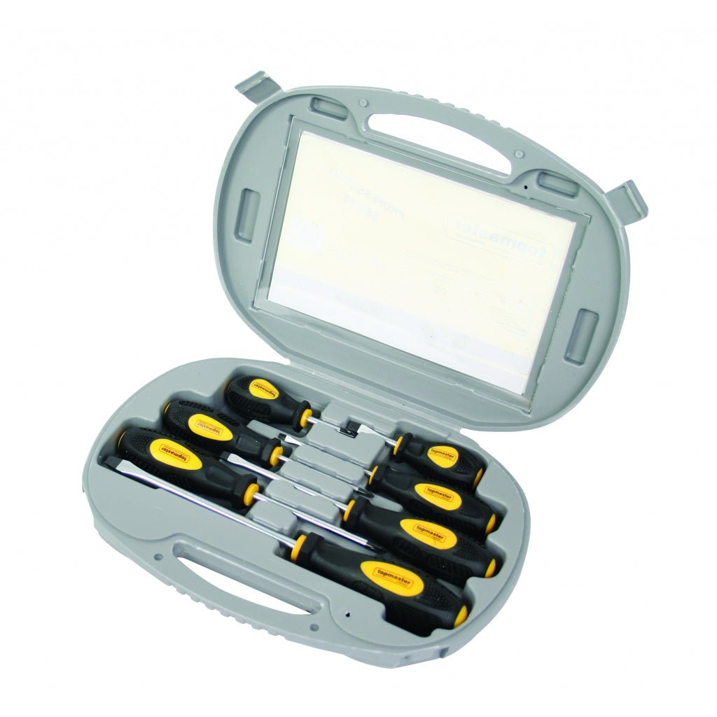 TOP MASTER PRO Trusa surubelnite set 7pcs CR - V TMP Material:otel crom - vanadiu Varf magnetizat Cutie de depozitare Top Master Pro - scule electrice si unelte profesionale - BricoMart