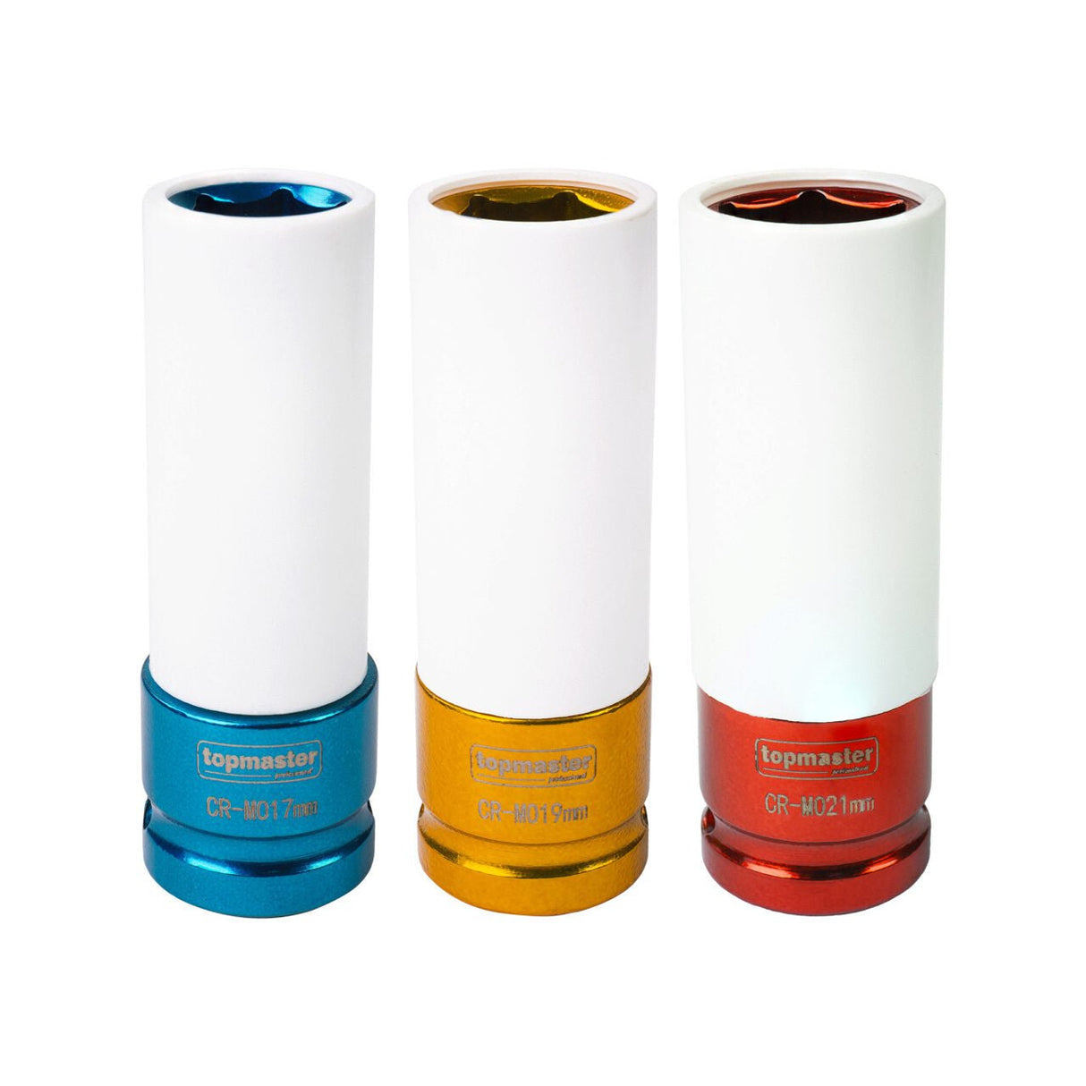 TOP MASTER PRO Tubulare de impact cu protectie set 17, 19, 21mm 1/2" TMP Inserții de impact alungite colorate din aliaj de crom - molibden „Cr - Mo” care oferă o rezistență și o utilizare de lungă Top Master Pro - scule electrice si unelte profesionale - BricoMart