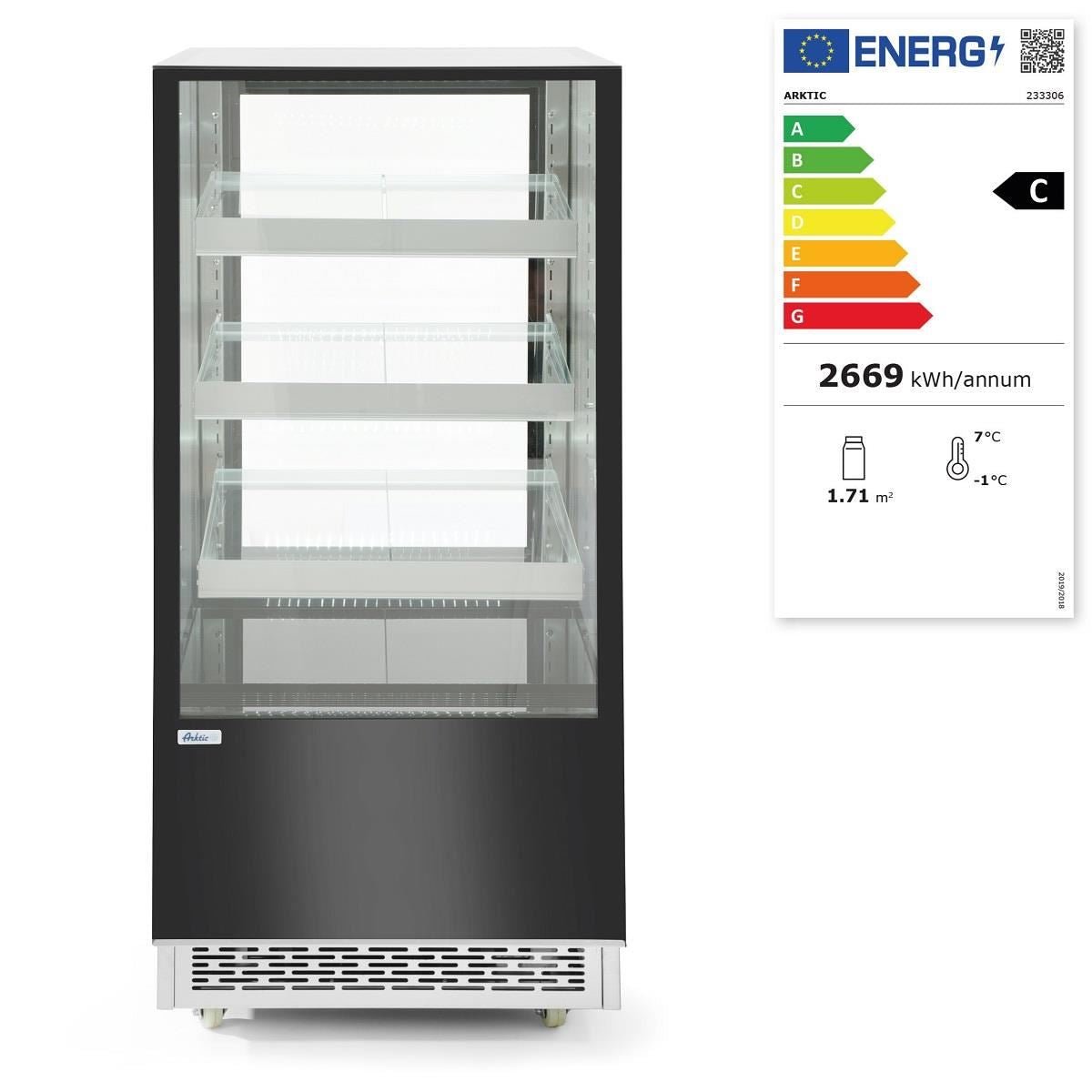 Vitrina frigorifica de prezentare interval temp. 2/6?C, 480 W corp inox, ARKTIC by Hendi, 650x805x(H)1445 mm, 300 Litri, Clasa energetica C