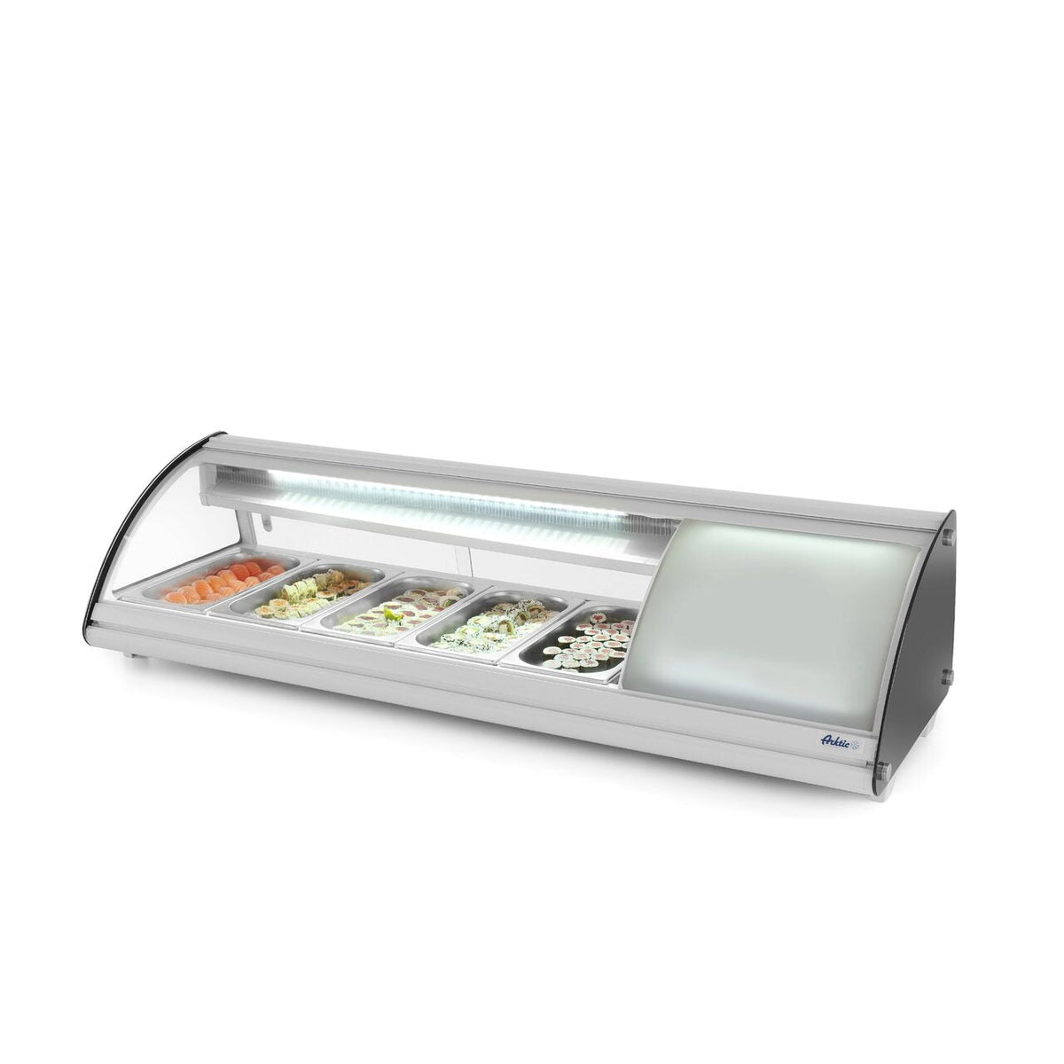 Vitrina sushi, 63 lt, pt 5 tavi GN1/3, interval temp 0-6 gr C, 160 W, geamuri glisante, corp inox, ARKTIC by Hendi, 1307x450x(H)330 mm